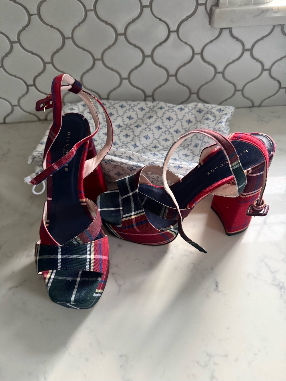 Hill House Red and Navy Plaid Platform Block Heels